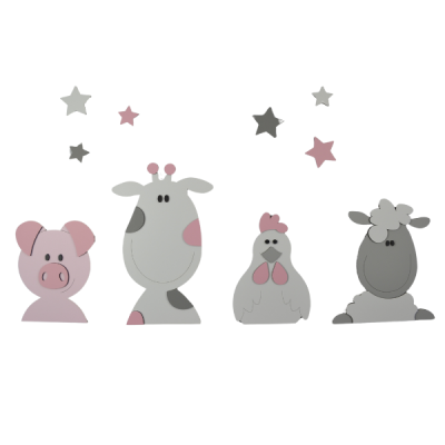 Boerderijdieren (4 stuks): kip-koe-varken-schaap - grijs met te kiezen kleur (80x30cm) - sterren optioneel